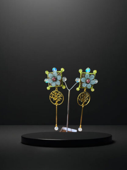 Flower tree sky blue indowestern earrings - Image 2