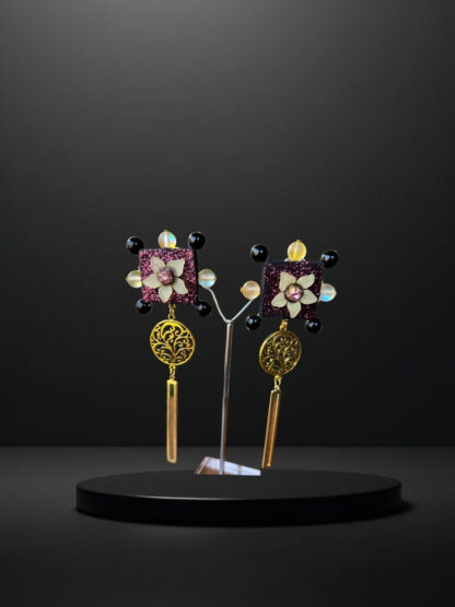 Shiny Balck yellow and white indowestern earrings