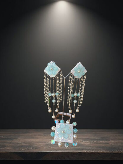Pink lite sky blue indowestern earrings with Latkan - Image 2