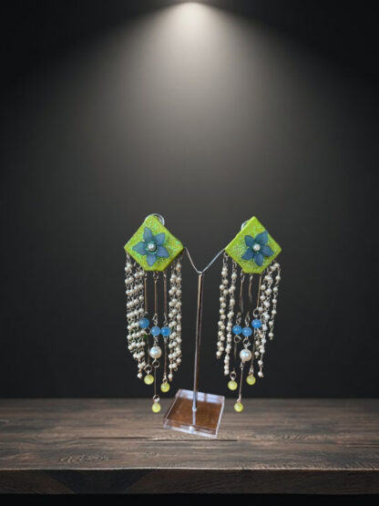 Blue green indowestern earrings with Latkan - Image 2