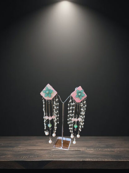 Pink grey indowestern earrings with Latkan