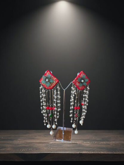 Red grey indowestern earrings with Latkan