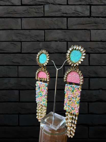 Sky blue sun pink moon indowestern earrings - Image 2