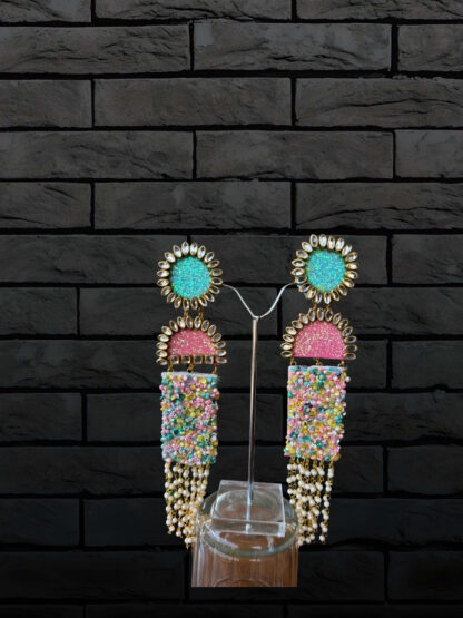 Sky blue sun pink moon indowestern earrings