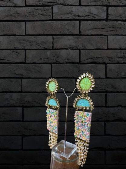 Green sun sky-blue moon indowestern earrings - Image 2