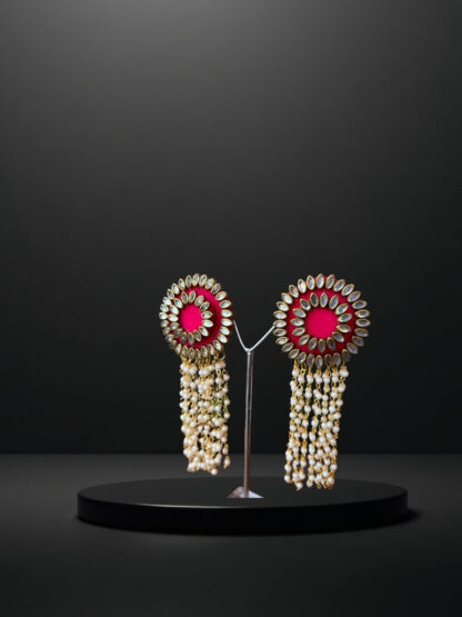 Red dual round ethnic earrings with latkan