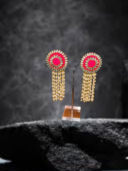 Red dual round ethnic earrings with latkan - Image 3