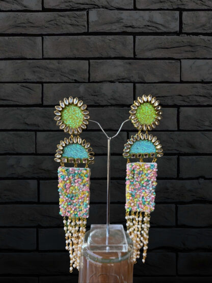 Green sun sky-blue moon indowestern earrings