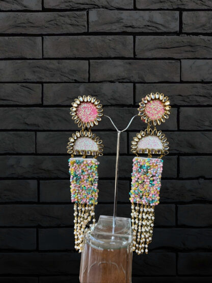 Pink sun white moon indowestern earrings - Image 2